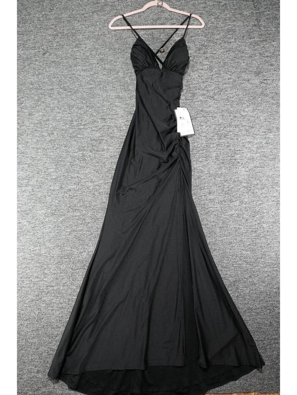 Katia Rae Black Satin Ruched Maxi Dress M V-Neck Spaghetti Strap Lace-Up Zip